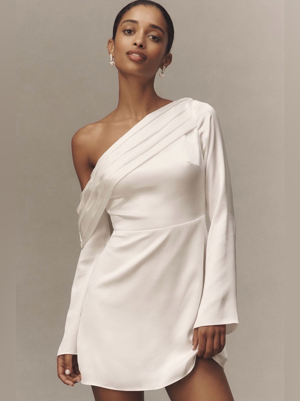 BHLDN Long-Sleeve Asymmetric Off-Shoulder Mini Dress, US 12